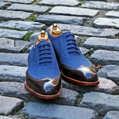 blue and brown two tone oxford shoe